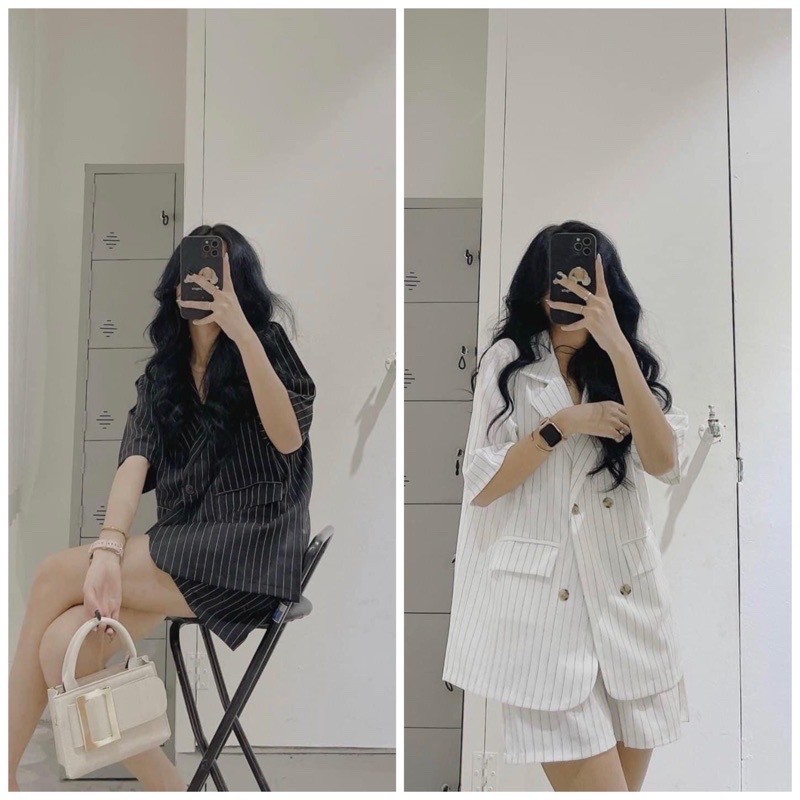 Set Vest/Blazer kẻ sọc Hàn Quốc 2 màu đen - trắng [Kèm ảnh thật]