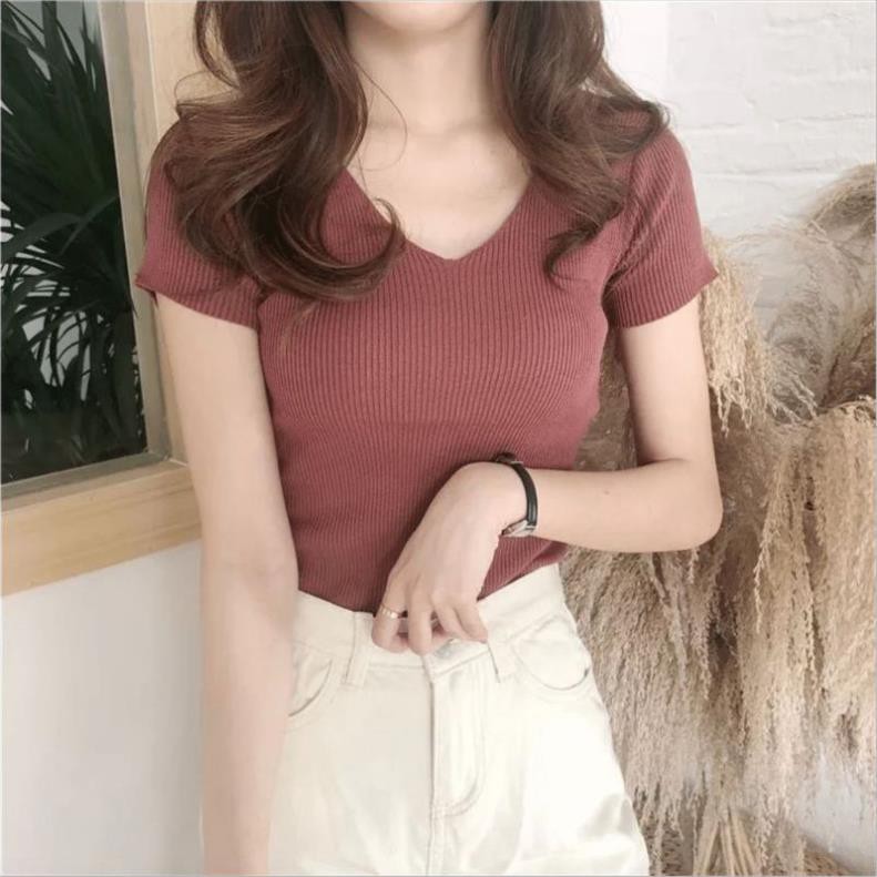 Áo Croptop len tăm mỏng cổ tim cộc tay chất siêu mềm Tuyết's House Áo tay ngắn cho nữ vải mềm mại co giãn tốt 💖 '