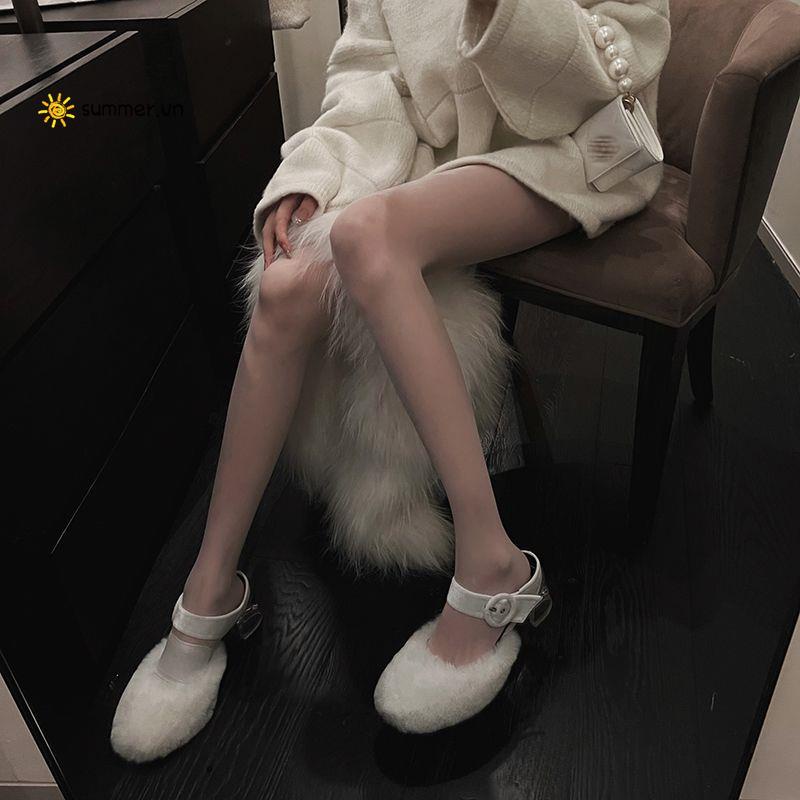 Dép Cao Gót Bít Mũi Phối Lông Xù Thời Trang Mùa Đông Mới 2021 Dành Cho Nữ