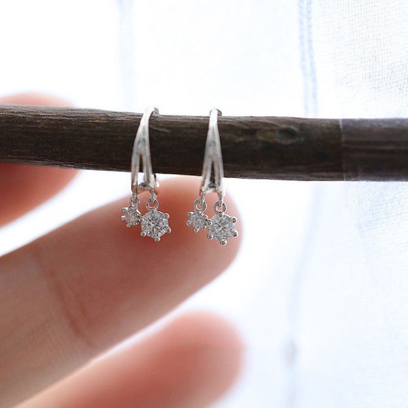 Khuyên tai bạc nữ vòng tròn đá rơi, bông tai bạc 925 bạc Ý 925 mạ vàng trắng cao cấp DUYSON SILVER