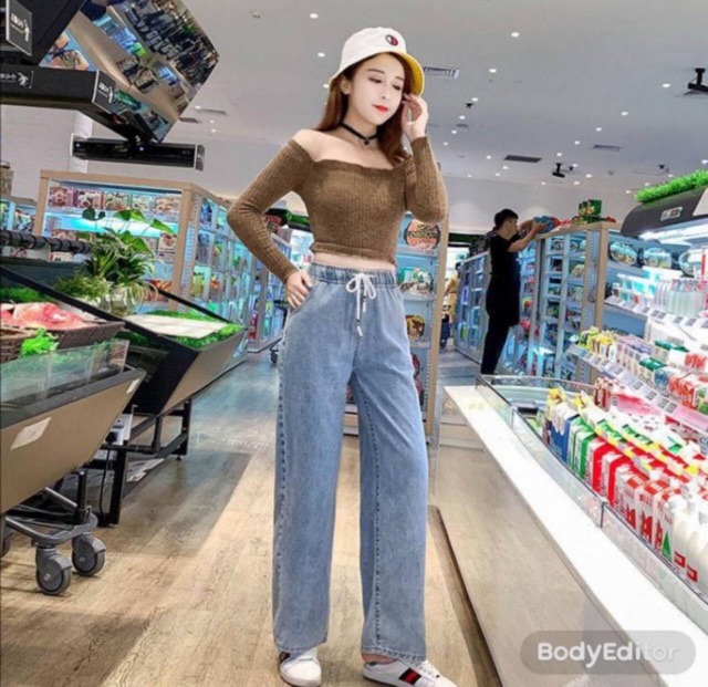 Quần baggy jean ống rộng lưng thun, không kén dáng, hình thật chụp sàn (màu nhạt)