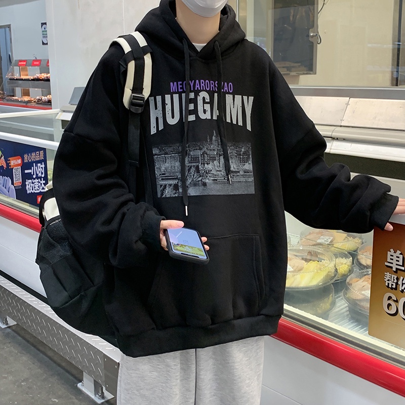 Áo hoodie dày dáng rộng tay dài in họa tiết phong cách Hàn Quốc size M-5XL 3XL 4XL cho nam
