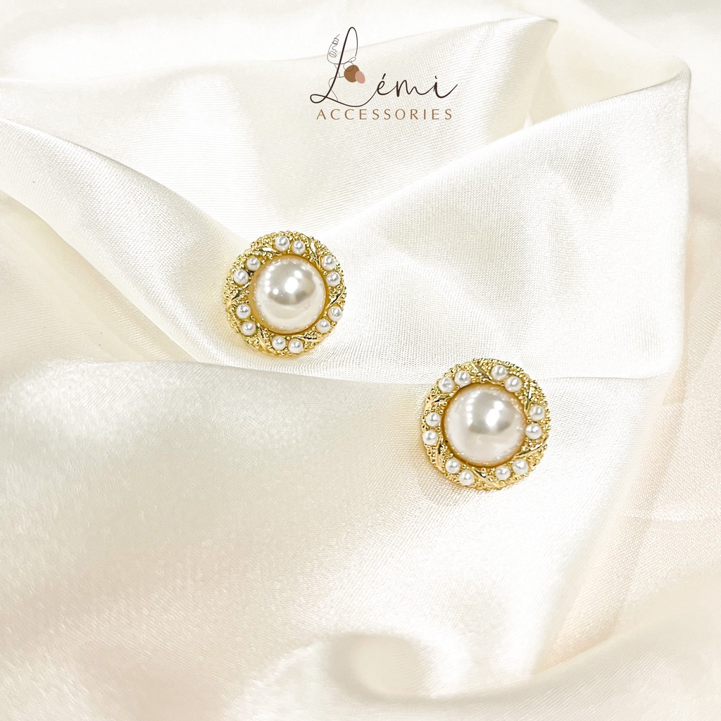 Bông tai bạc s925 hình tròn mix ngọc trai nhân tạo cá tính thời trang Hàn Quốc Lémi accessories
