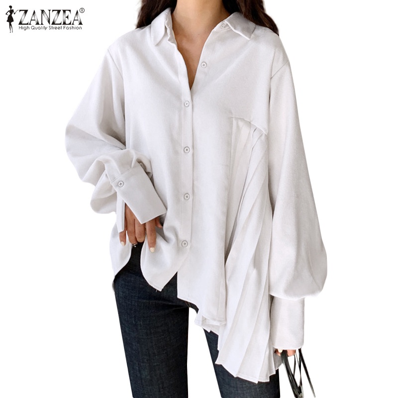 Áo kiểu ZANZEA cổ lật tay dài dáng rộng màu trơn phối xếp ly đơn giản phong cách Hàn Quốc thời trang dành cho nữ