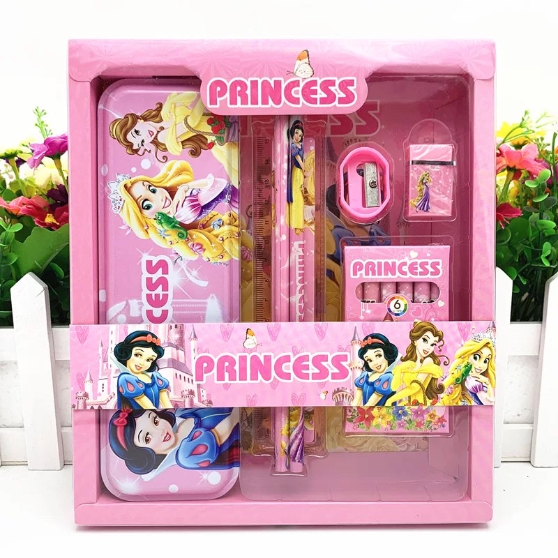 Bộ dụng cụ học tập cho bé 7 món gồm hộp bút, bút chì, bút màu, thước