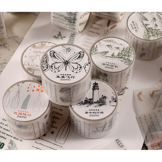 Washi tape vintage lá xanh, thuyền và núi băng keo giấy trang trí phong cách retro