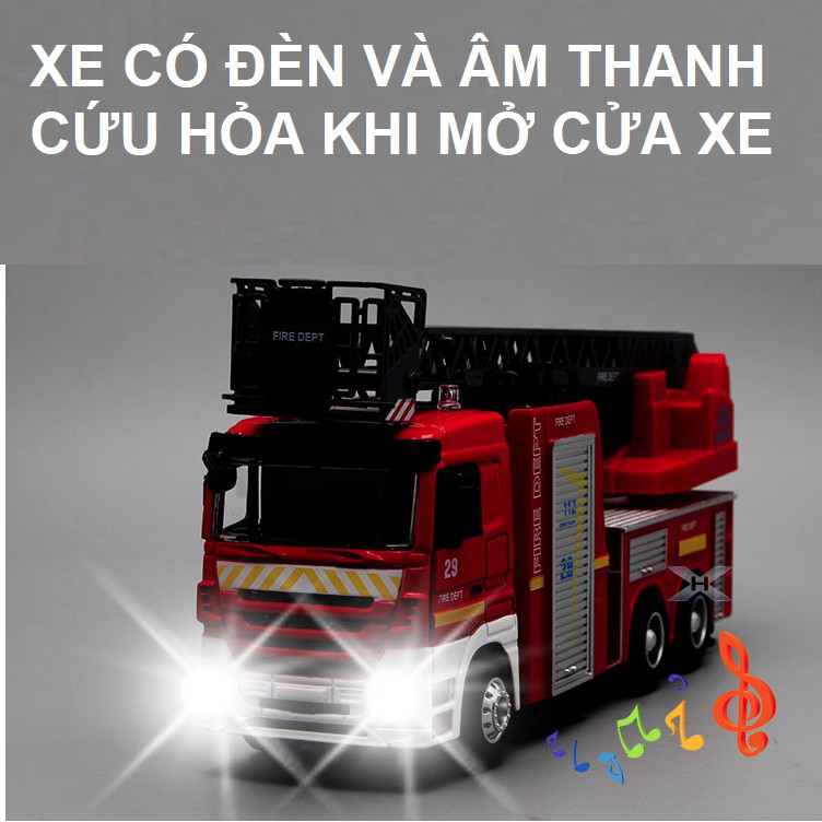 Đồ chơi xe mô hình ô tô cứu hỏa cầu thang rút có âm thanh và đèn đầu xe sắt tỉ lệ 1:32