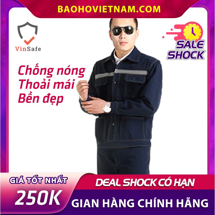 Bộ quần áo bảo hộ chất liệu vải bò co giãn, thoáng mát, chống cháy cấp độ nhẹ dùng trong môi trường hàn xì, cắt mài.