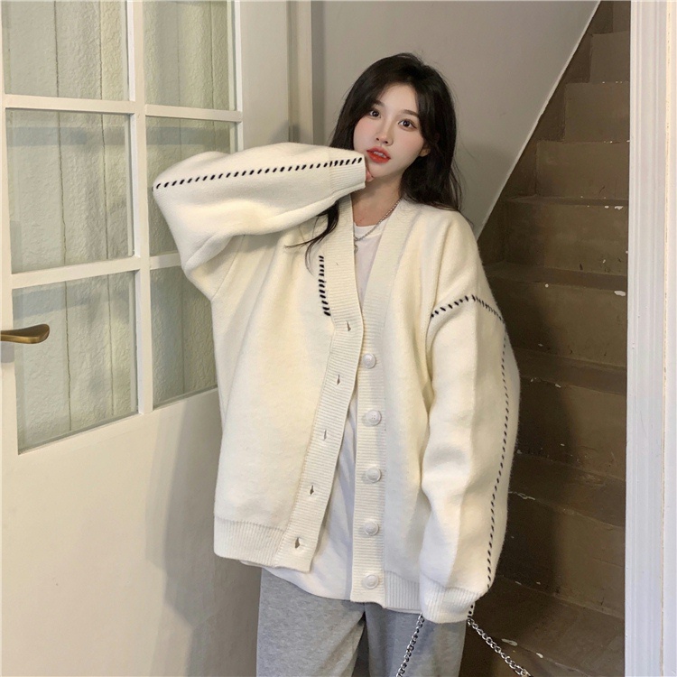 Porozi  Áo khoác cardigan dệt kim tay dài dáng rộng thời trang phong cách Hàn Quốc cho nữ