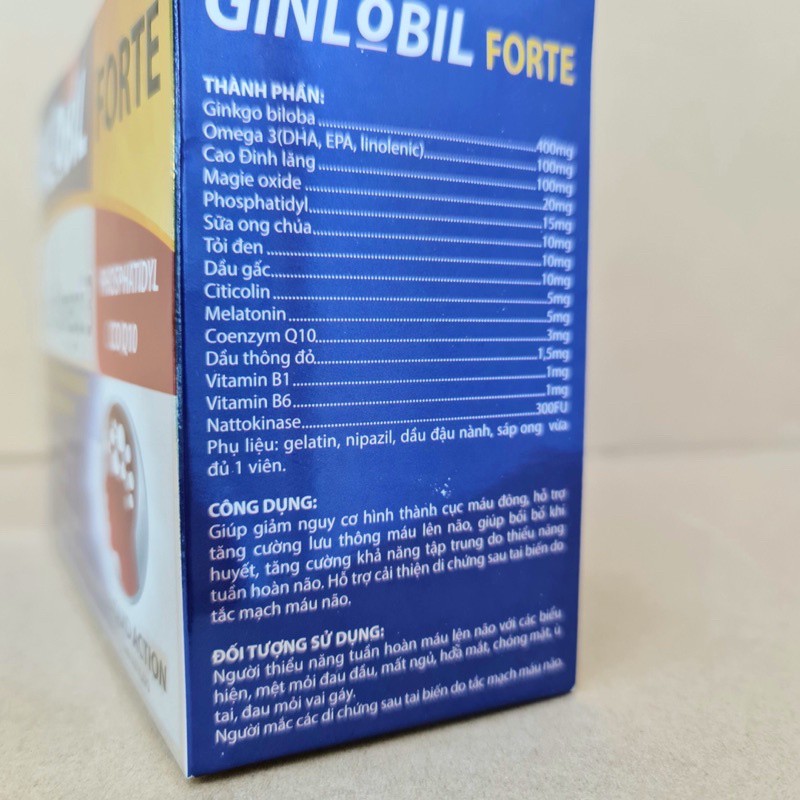 Ngăn ngừa tai biến mạch máu não, tiền đình - GINLOBIL FORTE - Ginkgo Biloba, Omega 3 và cao đinh lăng - Hộp 100 viên