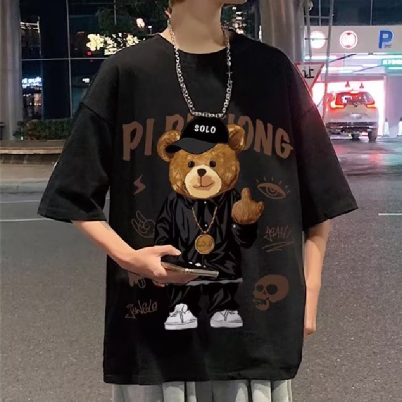 Áo Thun Tay Ngắn Dáng Rộng In Hình Chú Gấu Phong Cách Hip Hop Đường Phố Cho Nam Và Nữ Cỡ Lớn M-8XL