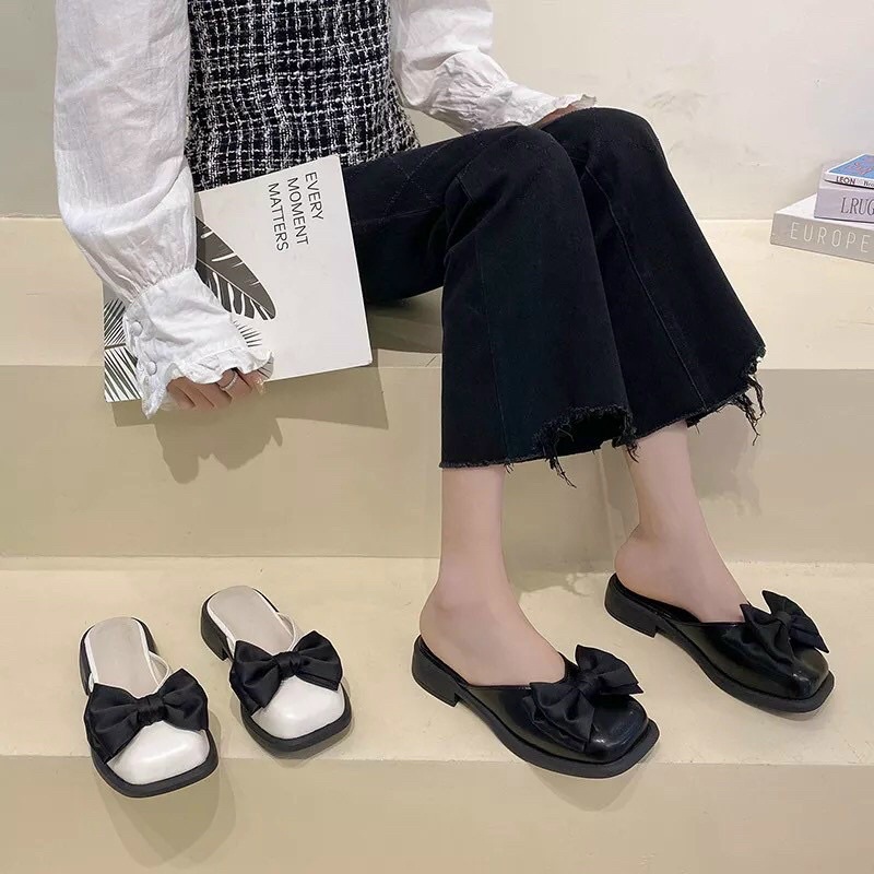 Dép Sục Nữ Lolita Đính Nơ Mũi Vuông Da Mềm Đế Êm Phong Cách Ulzzang