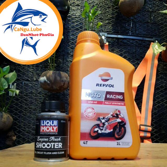 Combo nhớt repsol racing 10w40, nhớt cao cấp kết hợp súc động cơ Liqui moly SHOOTER