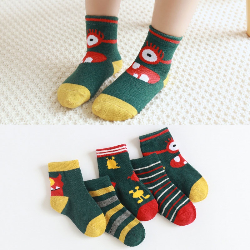Set 5 Đôi Vớ Cotton Kẻ Sọc Họa Tiết Hoạt Hình Cho Bé