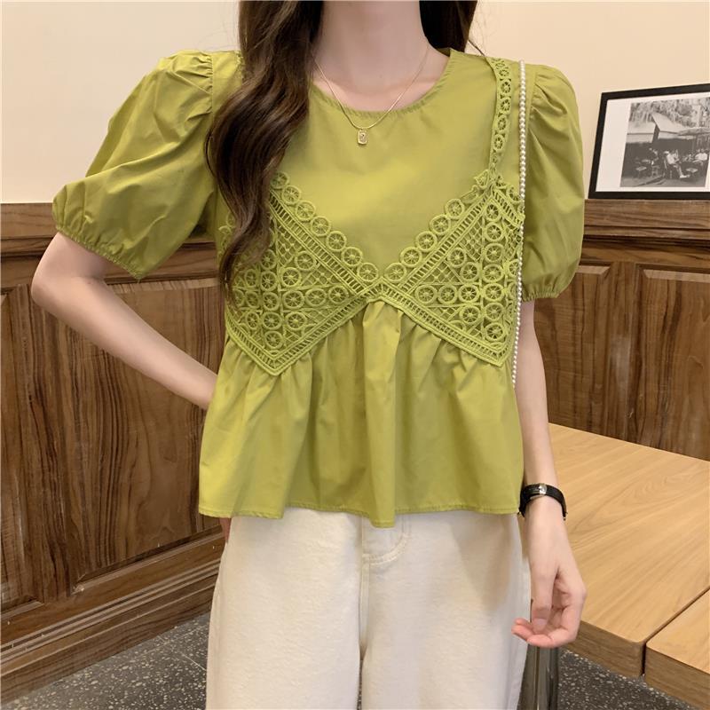 Áo kiểu IELGY tay ngắn ôm dáng ngọt ngào phong cách phương Tây thời trang dành cho nữ