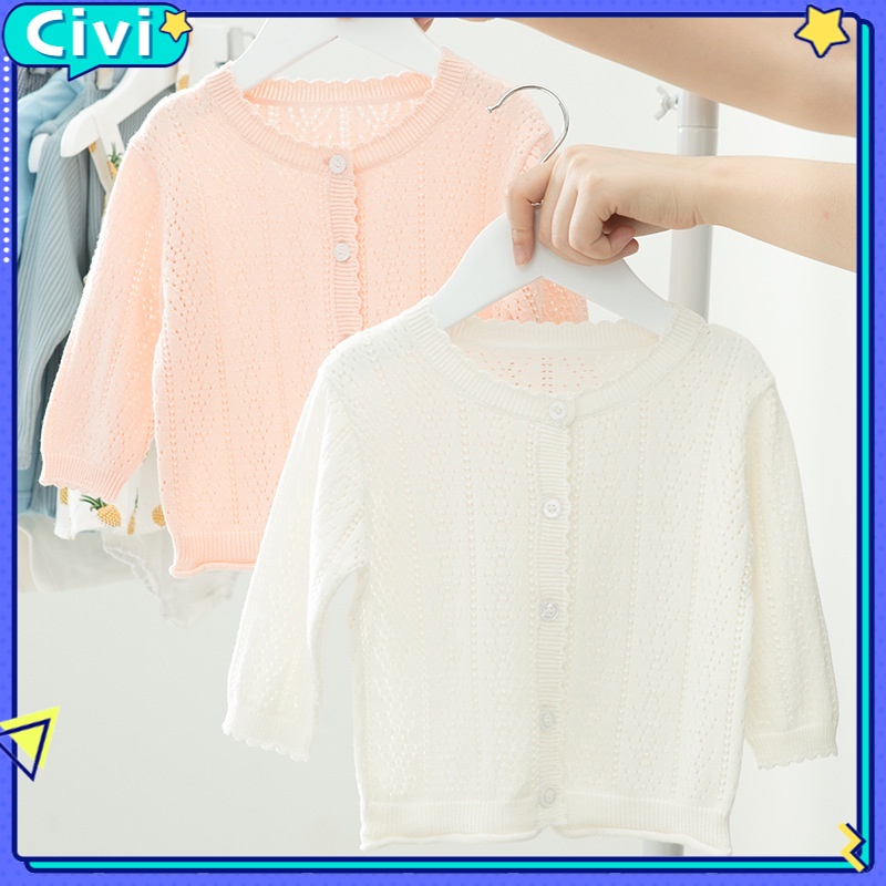 Civi❤Áo Khoác Cardigan Dệt Kim Vải Cotton Mềm Màu Trơn Thoáng Khí Cho Bé Gái #Cv-977