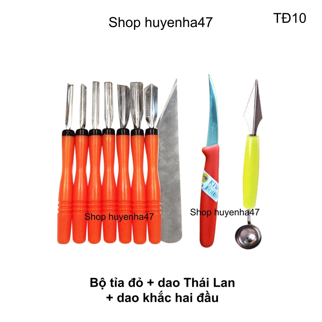 Bộ dao tỉa hoa quả đỏ 10 món TD10 tỉa hoa quả múc dưa hấu