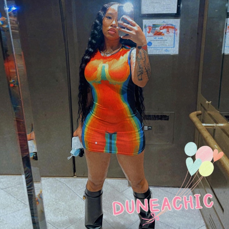 DUNEA Đầm Sát Nách In Họa Tiết 3D Màu Sắc Tương Phản Quyến Rũ Cho Nữ