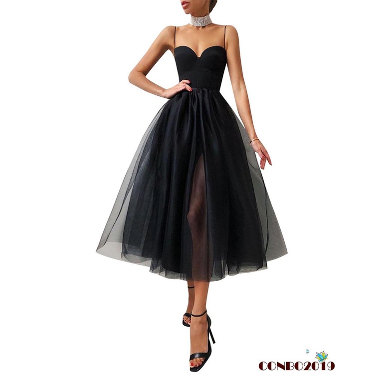Hgm-đầm Cocktail Mùa Hè Hai Dây Phối Lưới Xẻ Tà Hai Bên Cổ Nhỏ Màu Đen / Trắng Cho Nữ
