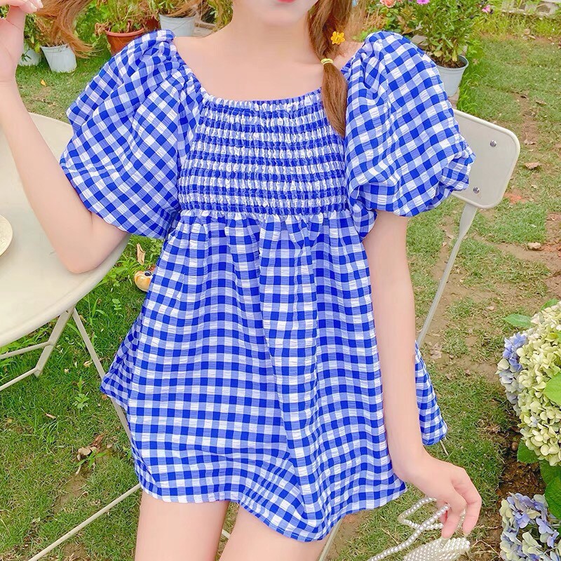 Đầm Trễ Vai Tay Bồng Caro PEONYB Nữ [FREESHIP] 🌸 Váy babydoll hở lưng bánh bèo tiểu thư màu XANH | HỒNG Ulzzang HOT 🌸 | BigBuy360 - bigbuy360.vn