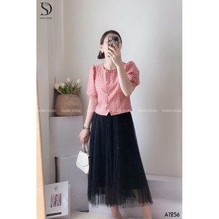 Menhimchip-áo sơ mi nữ croptop kẻ caro đỏ