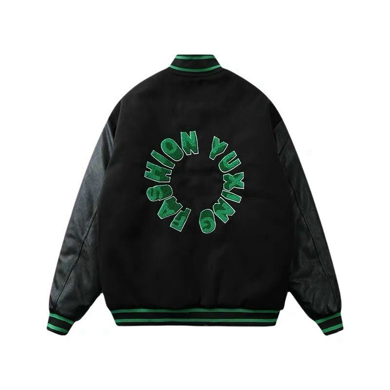 Áo Khoác Bomber Varsity Phối Tay Da Jacket Nam Nữ Full Đen Unisex Chất Kaki Dày Chữ Thêu