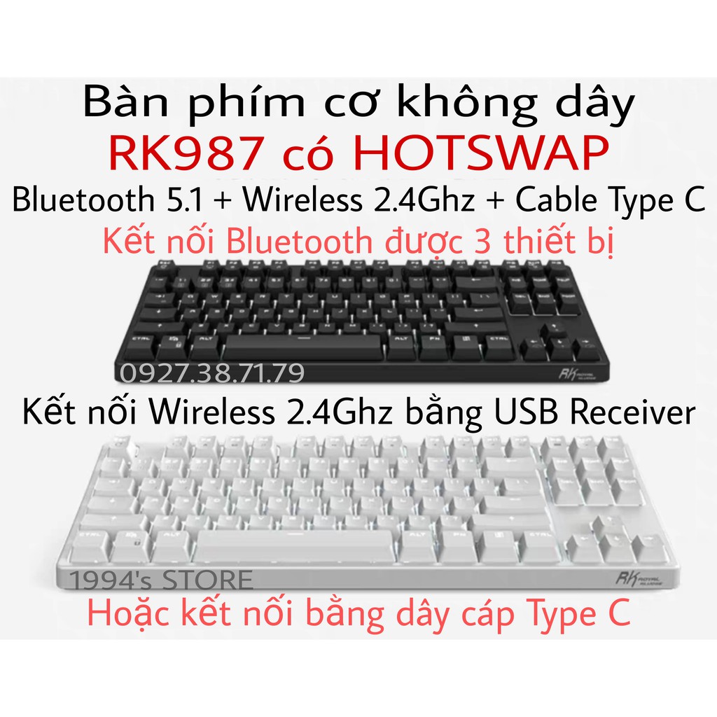 [Led RGB - HOTSWAP]  Bàn Phím Cơ Không Dây Royal Kludge RK987 Version 4 Wireless 2.4G + Bluetooth 5.1 + Có dây Type C
