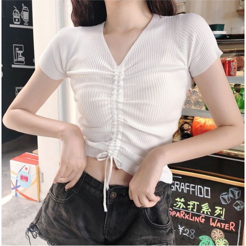 Áo len tăm ngắn tay dây rút ngực kiểu dáng Hàn Quốc