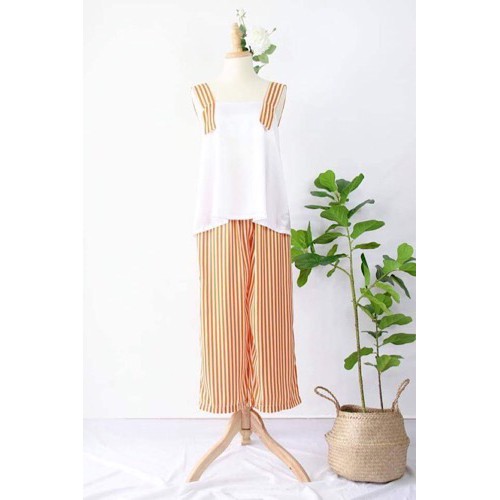 Đồ mặc nhà thiết kế 2 dây mới lụa không nhăn màu trắng phối sọc cam - Sala Homewear