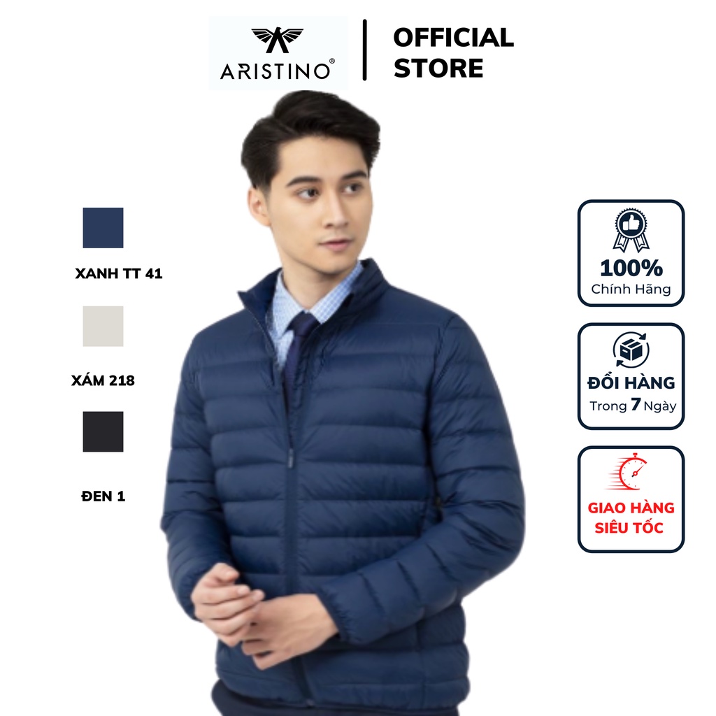 Áo khoác nam Aristino phao lông vũ dáng regular fit cổ trụ basic chất liệu polyamide chính hãng AJK018W1