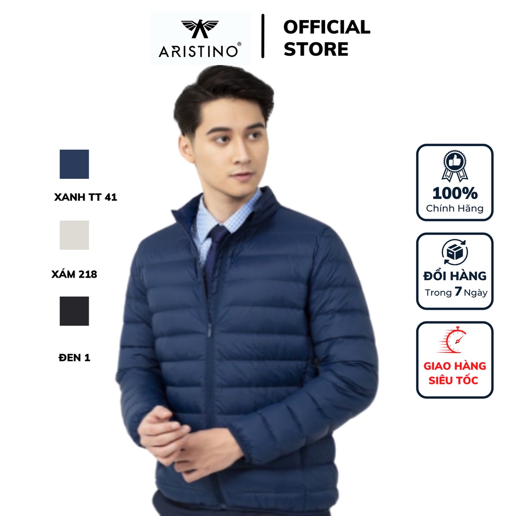 Áo khoác nam Aristino áo phao lông vũ dáng regular fit cổ trụ basic chất liệu polyamide chính hãng AJK018W1