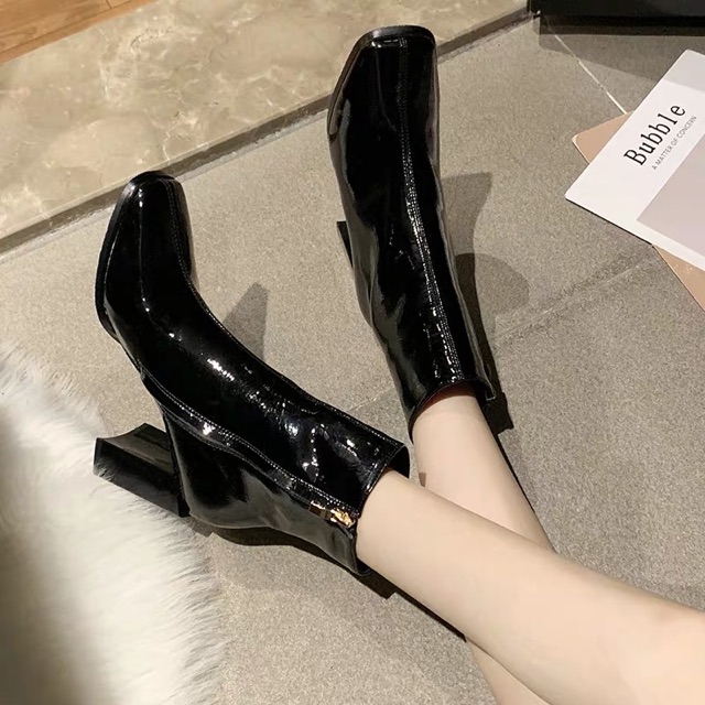 [ HÀNG ORDER - CÓ ẢNH THẬT ] Boots mũi vuông gót 7cm da bóng sang chảnh