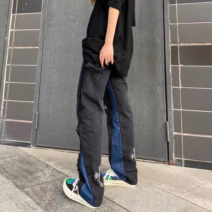 Quần jean ống rộng unisex thánh giá thêu hiphop