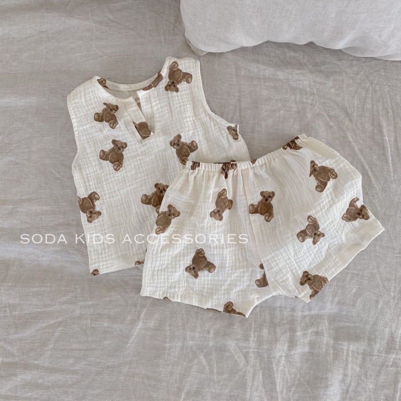 [Mã SKAMA8 giảm 8% đơn từ 300k] (Hàng thiết kế) Set bé trai gái gấu Brown xô Muslin (6 mẫu)