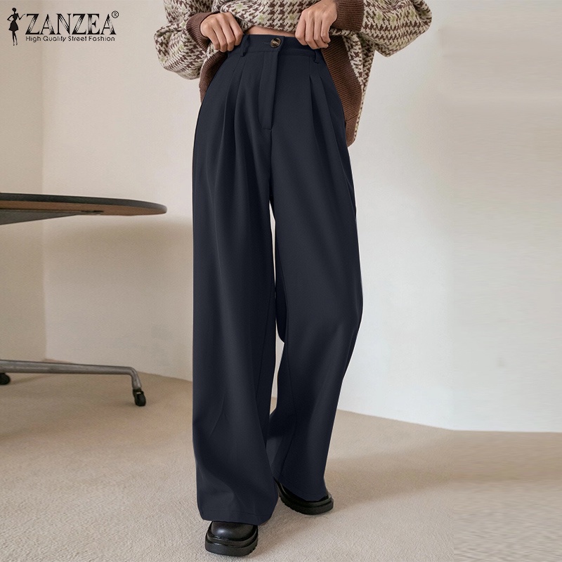 Quần dài ZANZEA ống rộng lưng thun co giãn có nút gài phía trước thời trang dành cho nữ