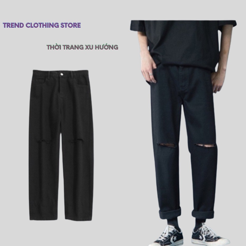 Quần Jeans Nam, Mẫu Jeans Đen Rách 2 Gối Hot Hit 2022-Trend Clothing_Store!