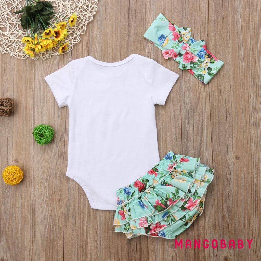 Bộ bodysuit một mảnh + quần short hoa + Băng đô cho bé sơ sinh