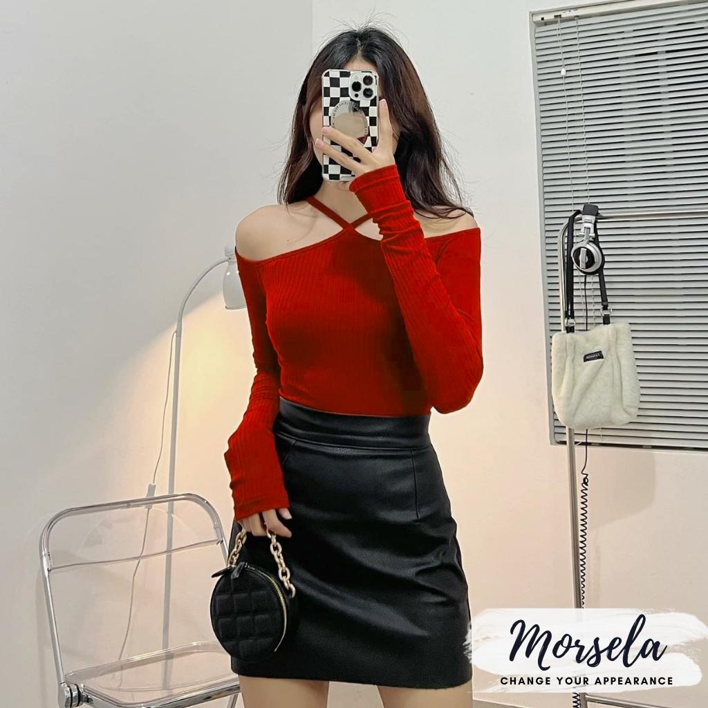 Áo croptop nữ ôm body dài tay trễ vai cột dây cổ yếm - Morsela