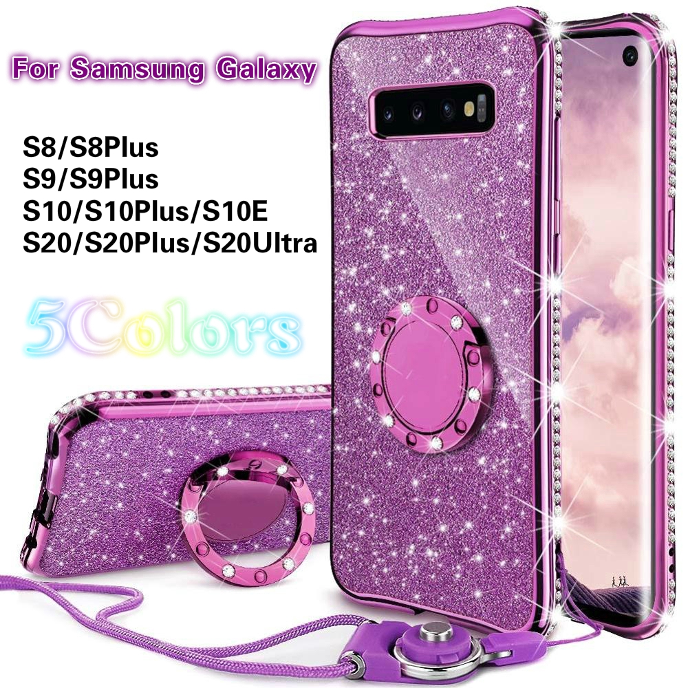 Ốp điện thoại có nhẫn đỡ và dây đeo lấp lánh cho Samsung Galaxy S10 Plus S10E S8 S9 S20 S20Plus S20Ultra