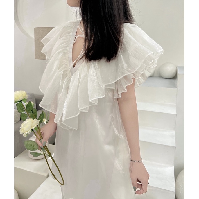 Set đầm dài phồng vai xẻ tà