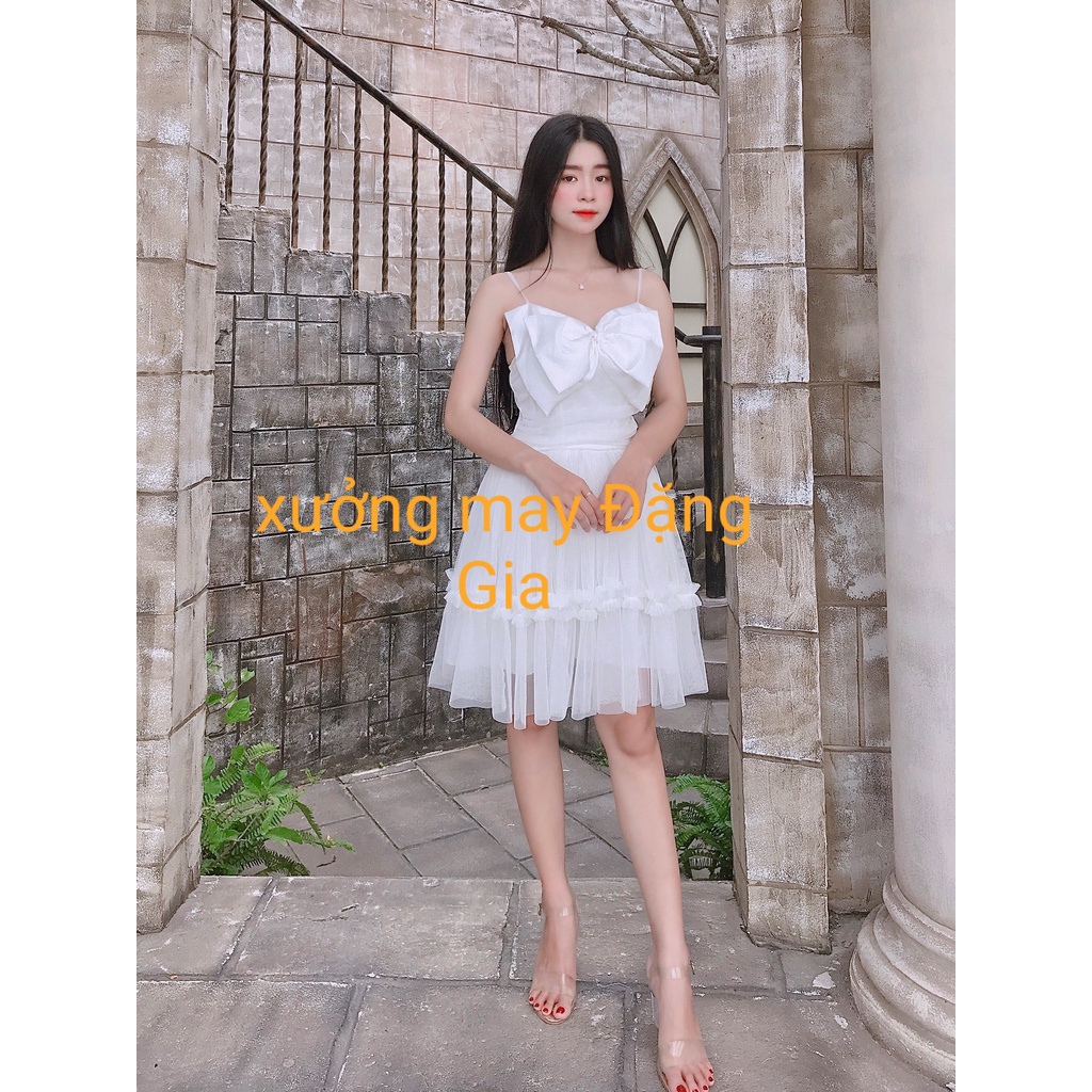 đầm dự tiệc nơ ngực, đầm lưới tầng nơ ngực xinh xắn DG4218