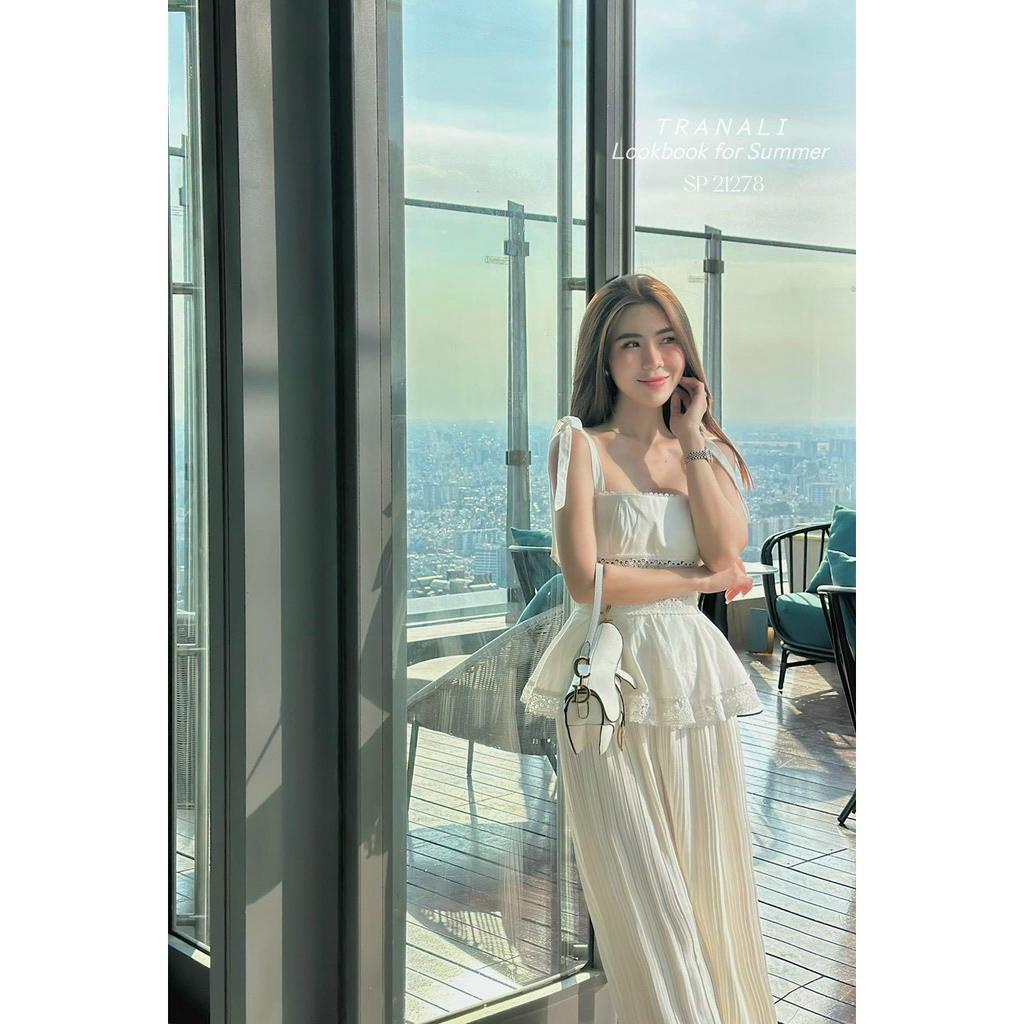 SET ÁO PEPLUM REN NƠ VAI + QUẦN DẬP LY TRẮNG SUÔNG