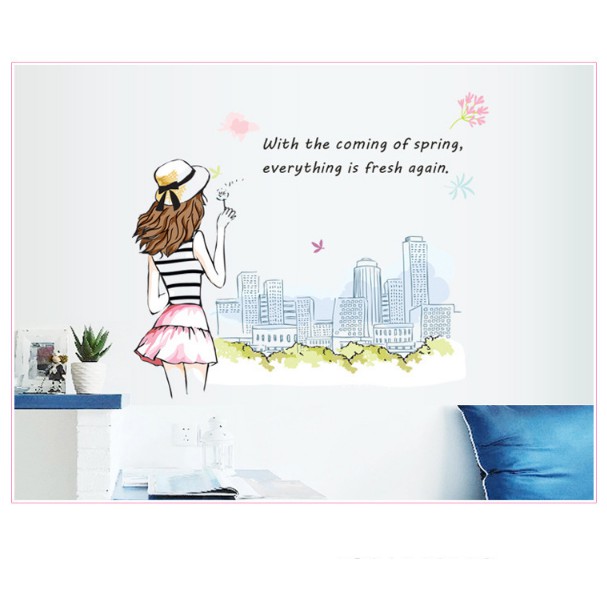 Decal trang trí tường - Cô Gái Hồn Nhiên cạnh Thành Phố Lớn