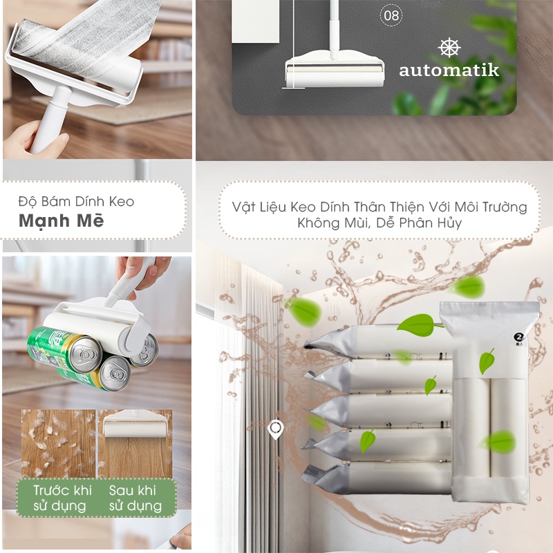 Cây Lăn Bụi Cán Dài Làm Sạch Quần Áo Ga Giường Sofa Sàn Nhà Có Nắp 16cm, 24cm Lăn Lông Tóc Siêu Dính Siêu Tốc Automatik