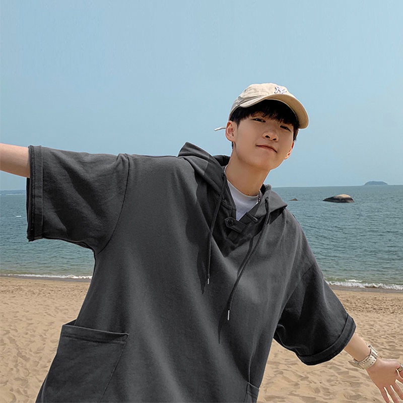 Áo Hoodie Tay Ngắn Có Túi Lớn Phong Cách Đường Phố Nhật Bản Cho Nam Và Nữ