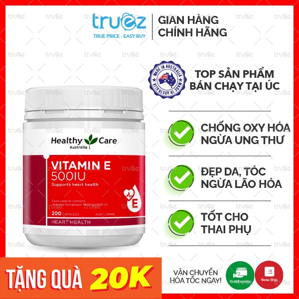 Vitamin E 500UI đẹp da giảm mụn [ÚC] Healthy Care Vitamin E [Chính hãng]