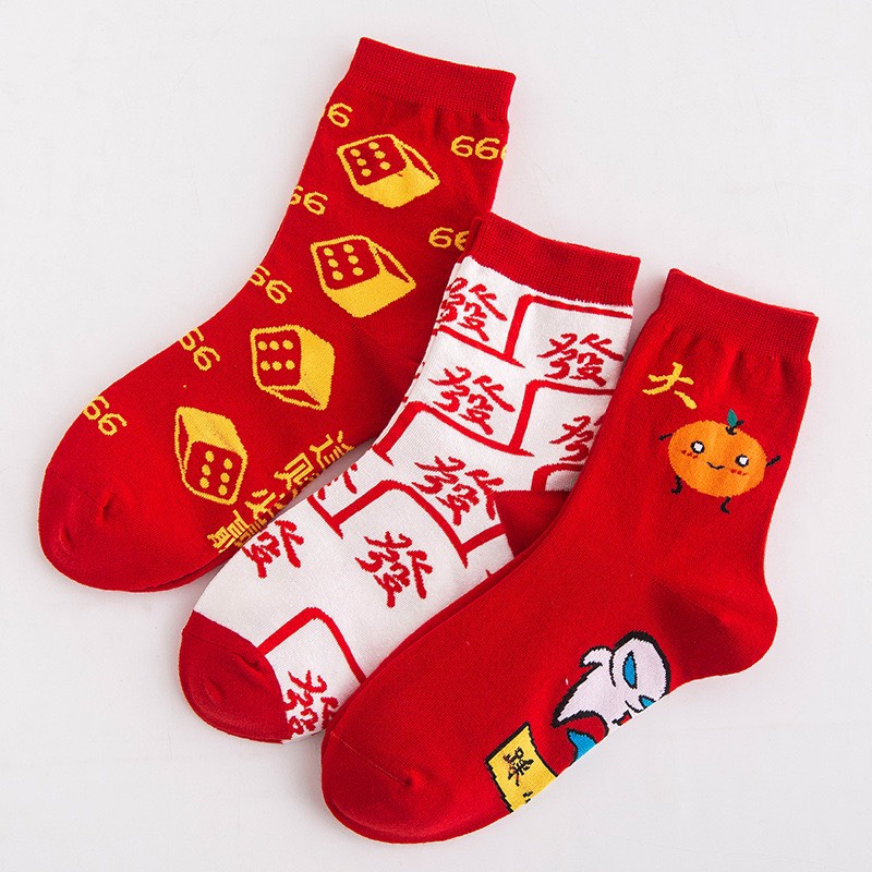 Set 3 đôi vớ nữ Bivota tất cổ cao họa tiết năm mới xúc xắc đỏ may mắn T112