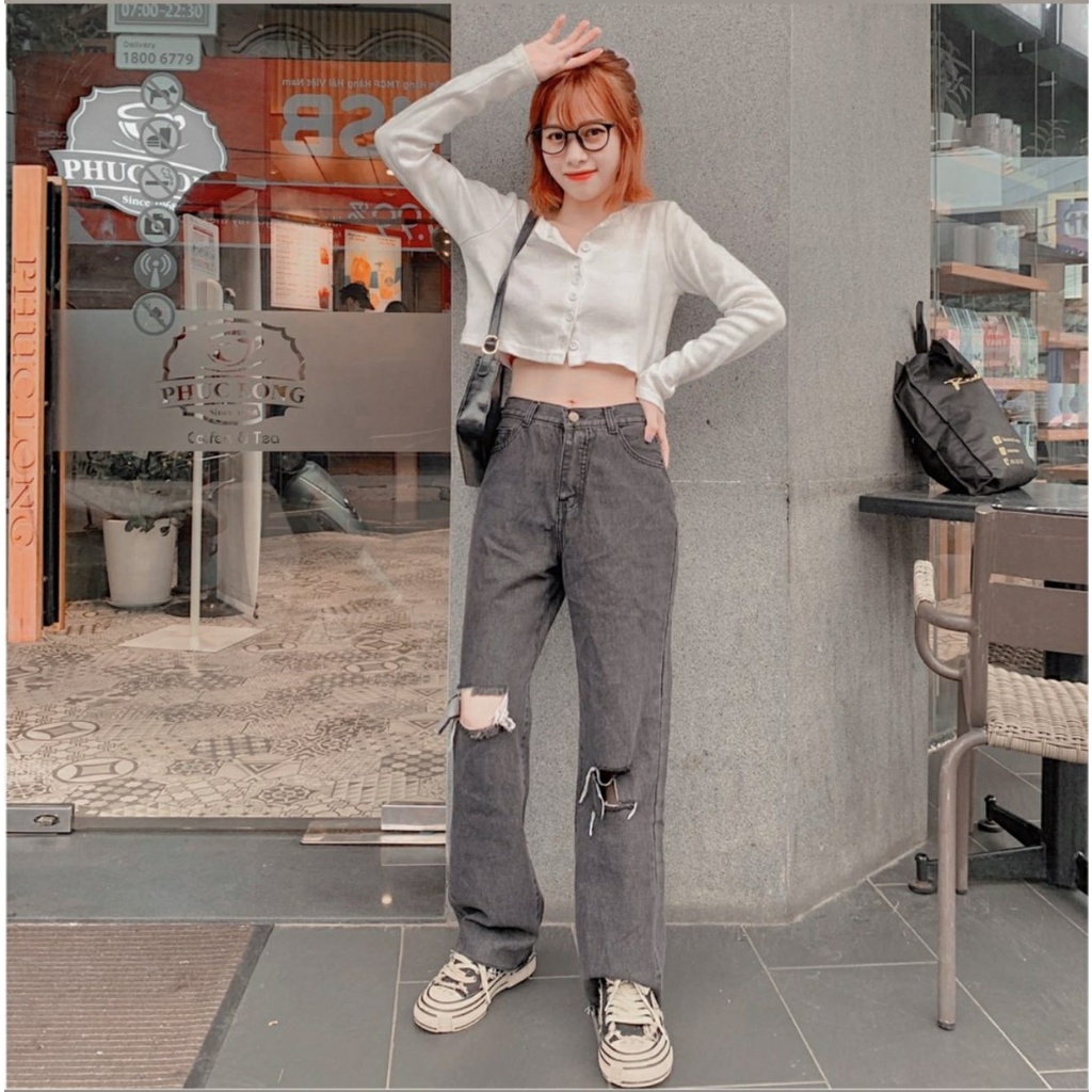 Quần Baggy Jean DELI Rách Gối Dáng Suông Lưng Cao Ulzzang (Ảnh Thật)