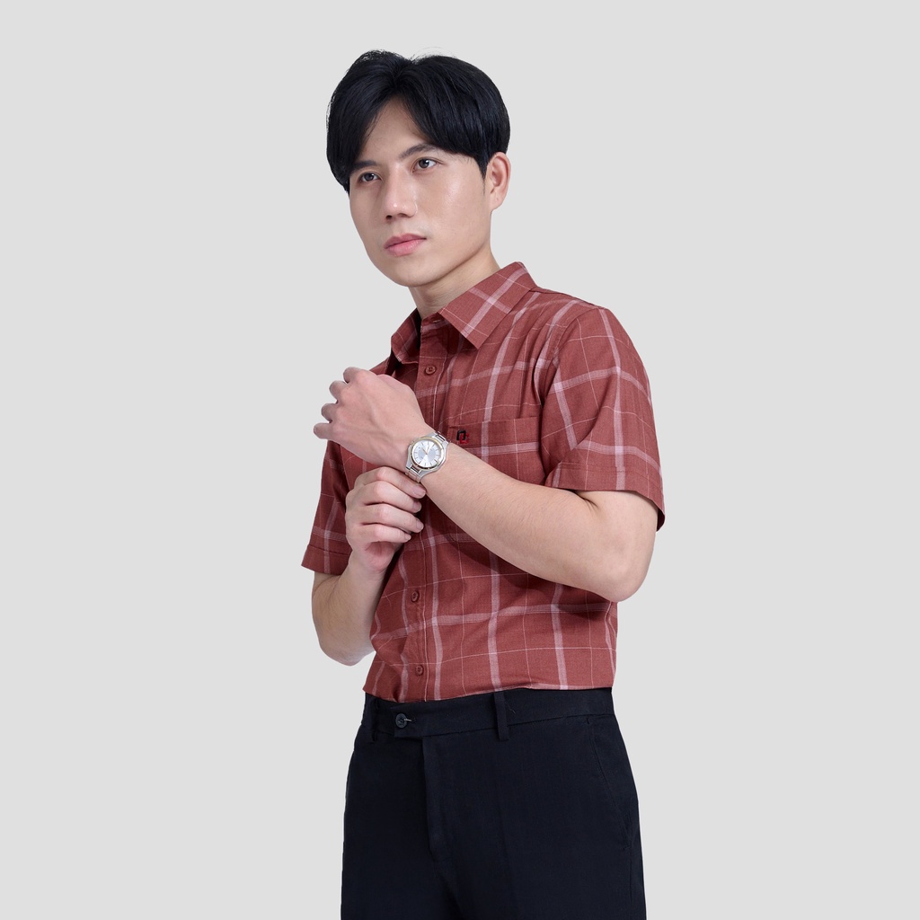 Áo Sơ Mi Nam Chính Hãng sọc ngắn tay logo thêu chất liệu vải bambo không nhăn thoáng mát