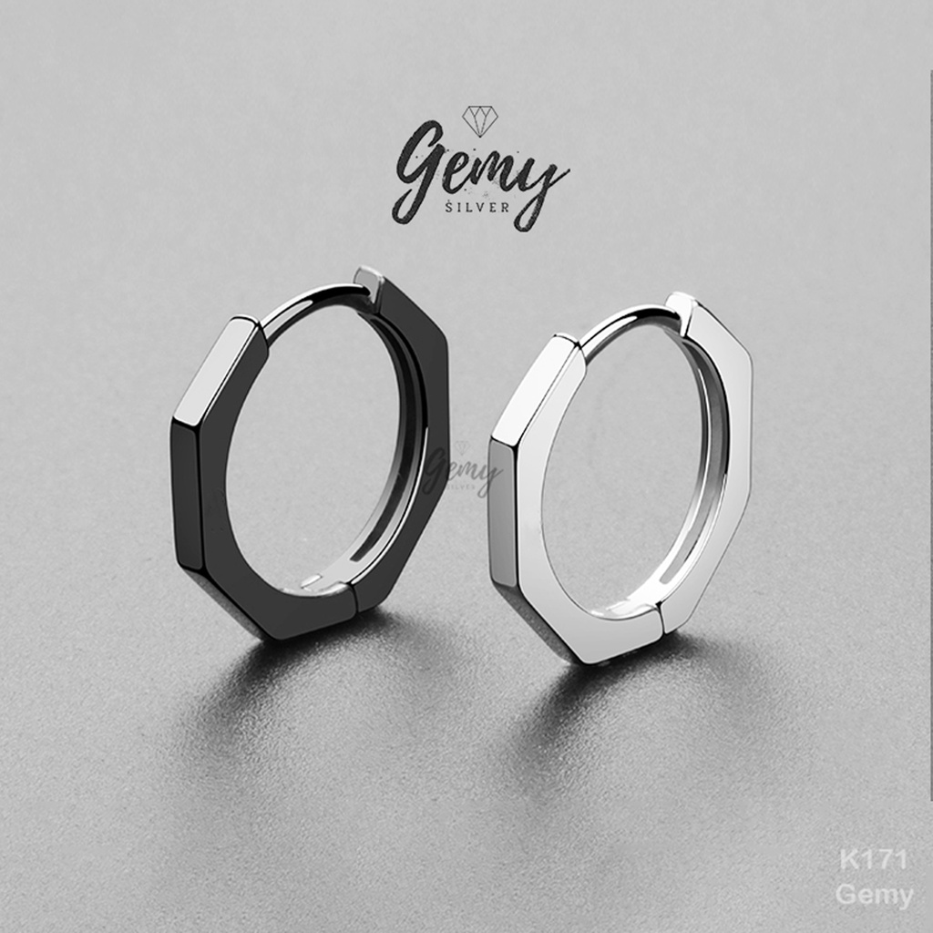Khuyên tai nam bạc 925 tròn hình bát giác màu đen trắng độc đáo, cá tính, unisex (1 chiếc) | GEMY SILVER K171